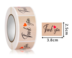 ”Thank you” klistermærker med hjerte, 250 stk. rulle, 25x38mm