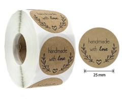 Handmade with love, klistermærker til håndlavede produkter, 500 stk, 25mm