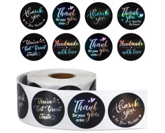 Sorte Thank you klistermærker, sølv holo, 6 slags, 500 stk, 38mm