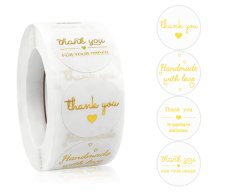 Thank you / Handmade with love klistermærker, hvid og guld, 500 stk, 25mm