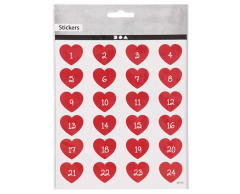 Hjerte kalendertal klistermærker 1-24